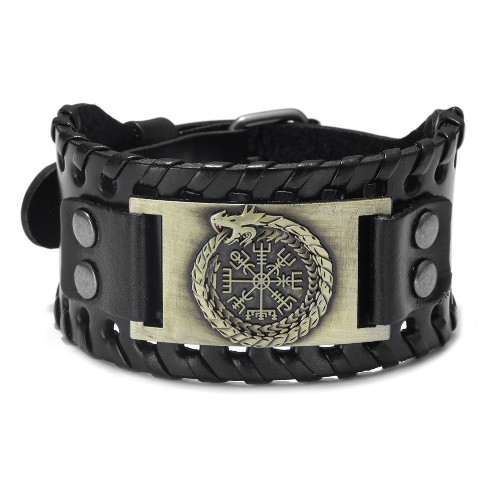 Leather Chinese Dragon Vintage Compass Pirate Bracelet