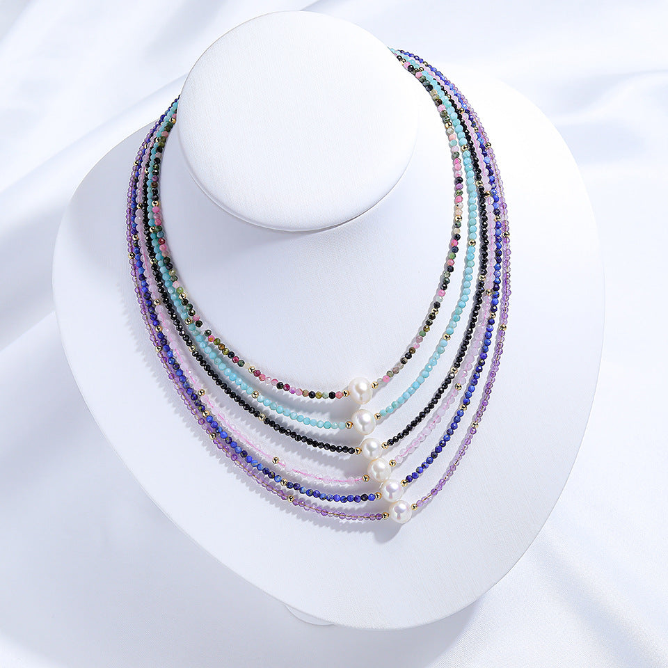 Natural Freshwater Pearl Cut Surface Stone Tourmaline Amethyst Necklaces