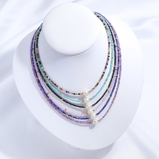 Natural Freshwater Pearl Cut Surface Stone Tourmaline Amethyst Necklaces