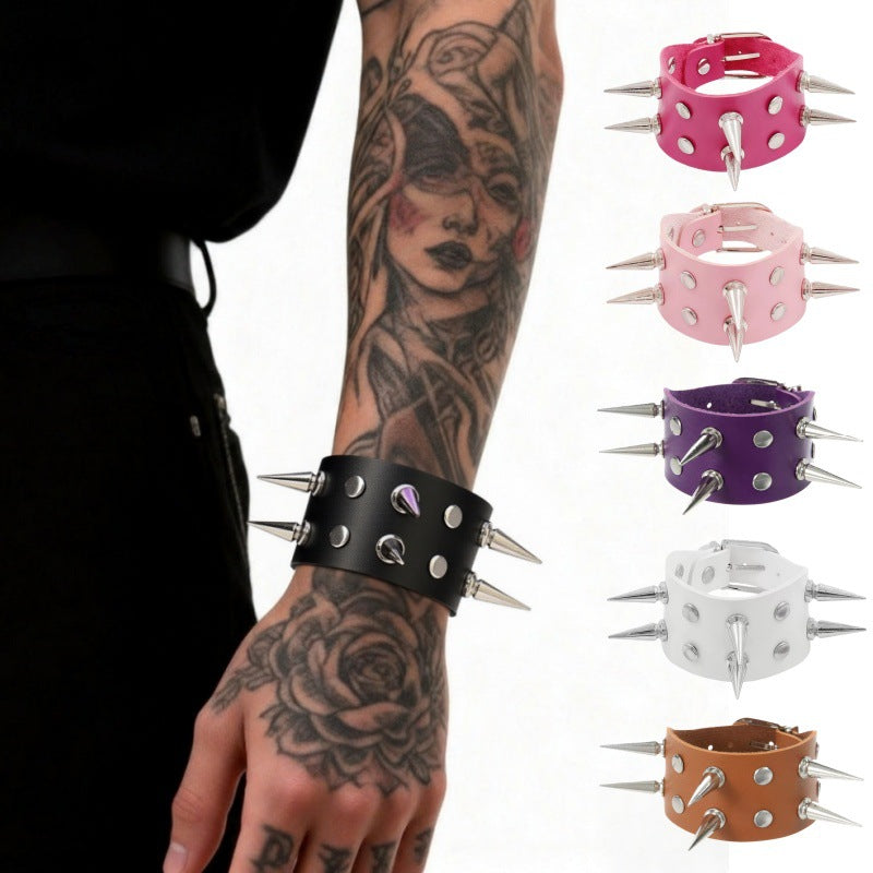 Men's Punk Leather Double Row Pointed Rivet Bracelet