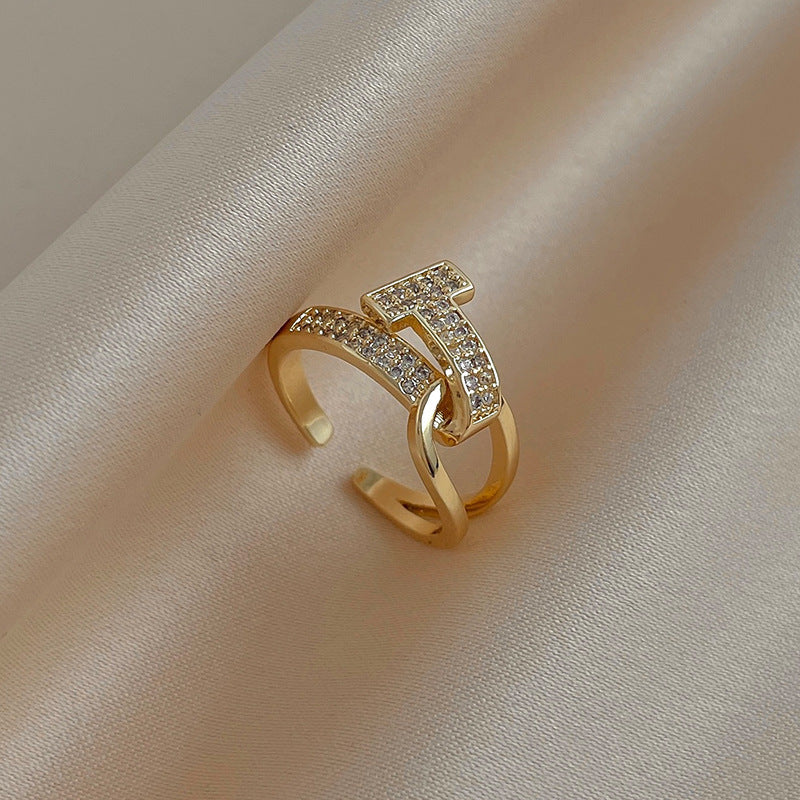 Real Gold Electroplated Zircon Buckle Light Luxury High Sense Index Ring