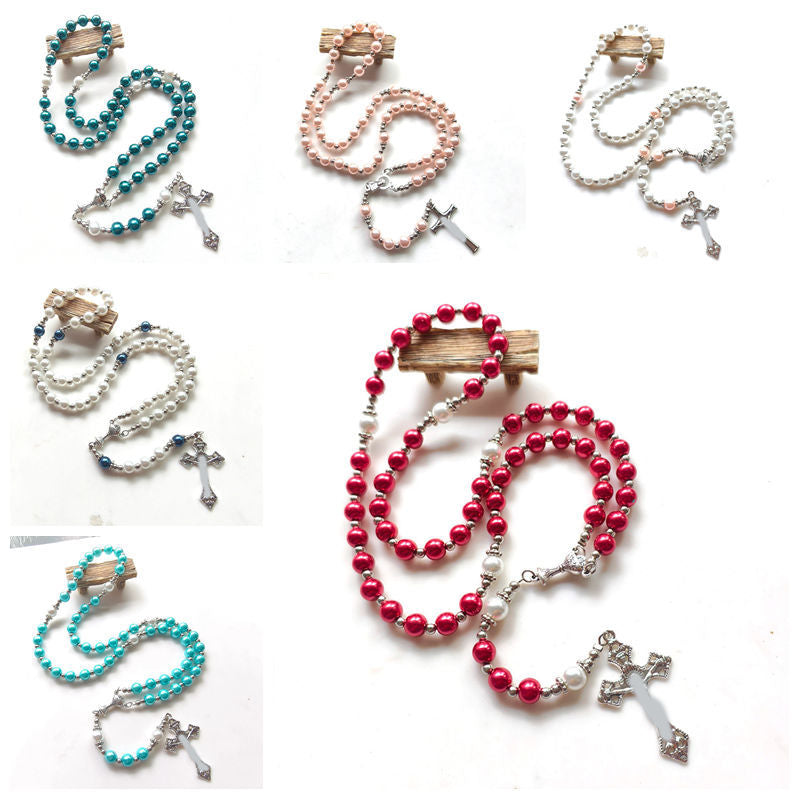 Glass Pearl Handmade Beaded Cross Long Necklaces