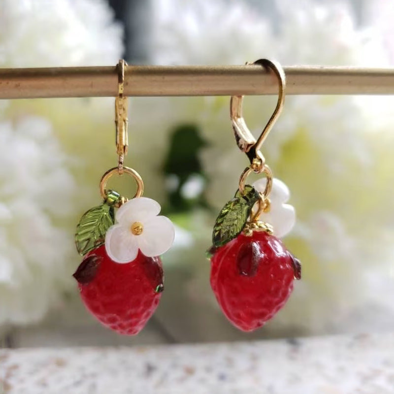 Temperament Girlish Style Leaves Red Crystal Raspberry Cute Earrings