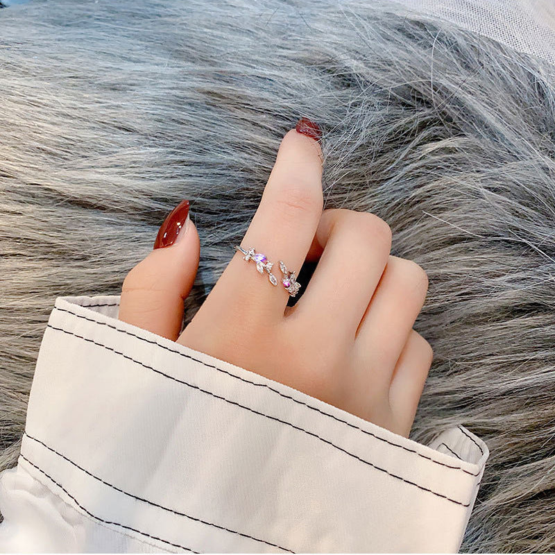 Trendy Fashion Creative Leaves Zircon Opening Adjustable Rings