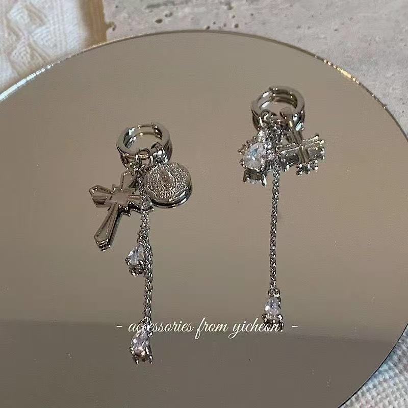 Cross Female Asymmetric Design Tassel Metal Sier Stud Earrings