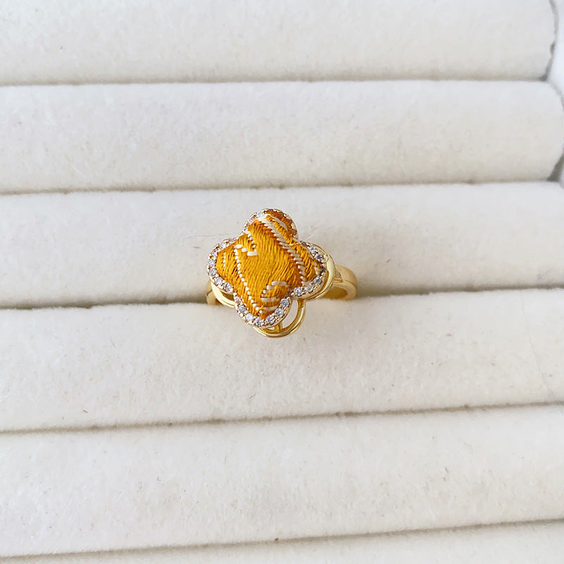 Style Song Dynasty Brocade Clover Rotatable Finished Delicate Rhinestone Copper Rings
