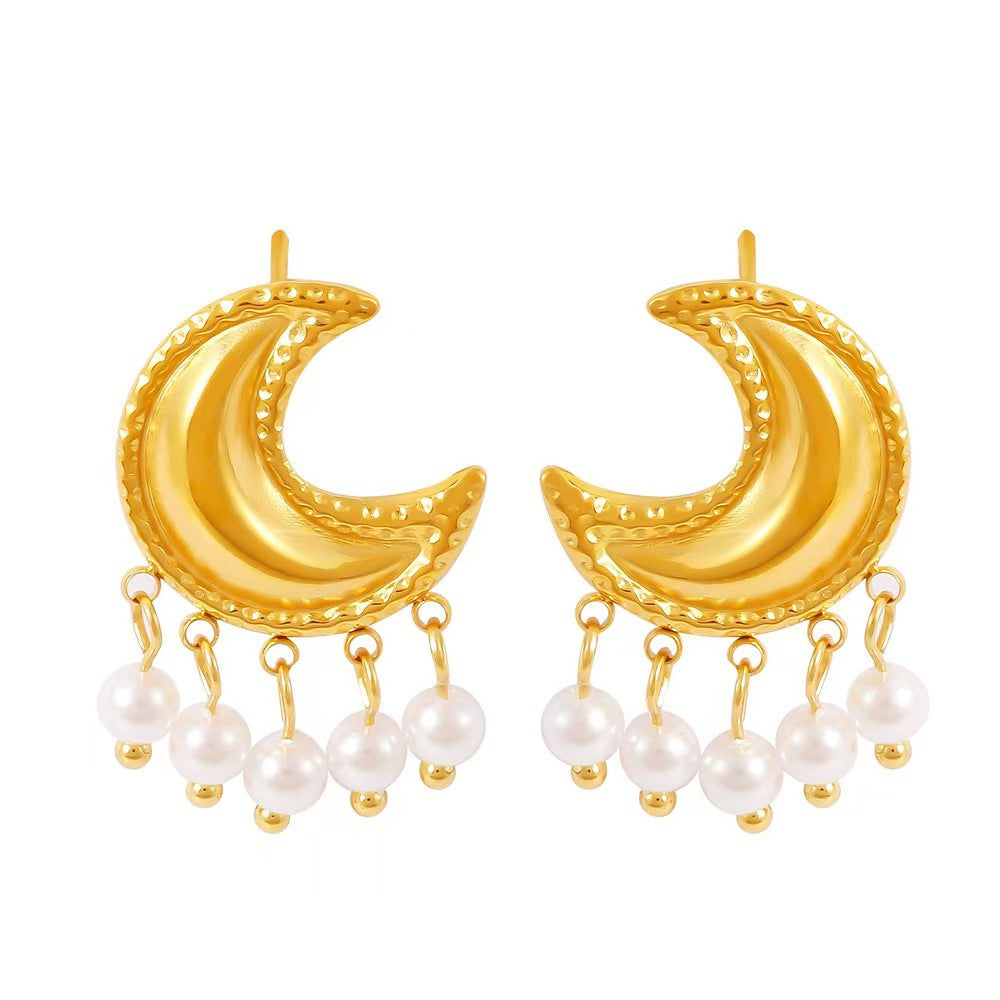 Temperament Entry Lux Sense Moon Tassel Artificial Earrings