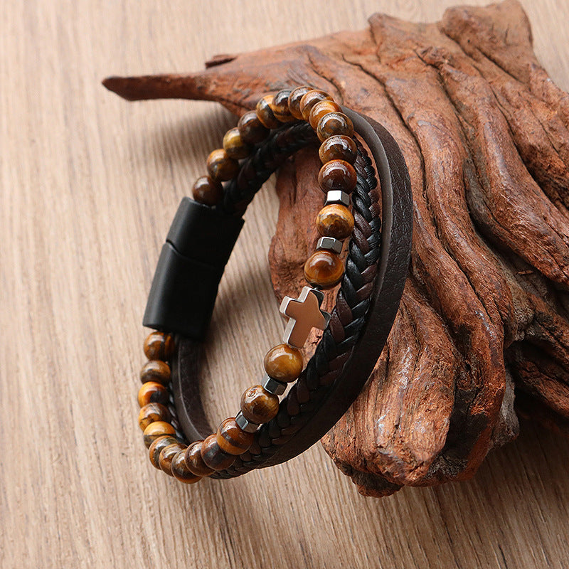 Men's Natural Stone Stainless Steel Tigereye Volcanic Bracelets