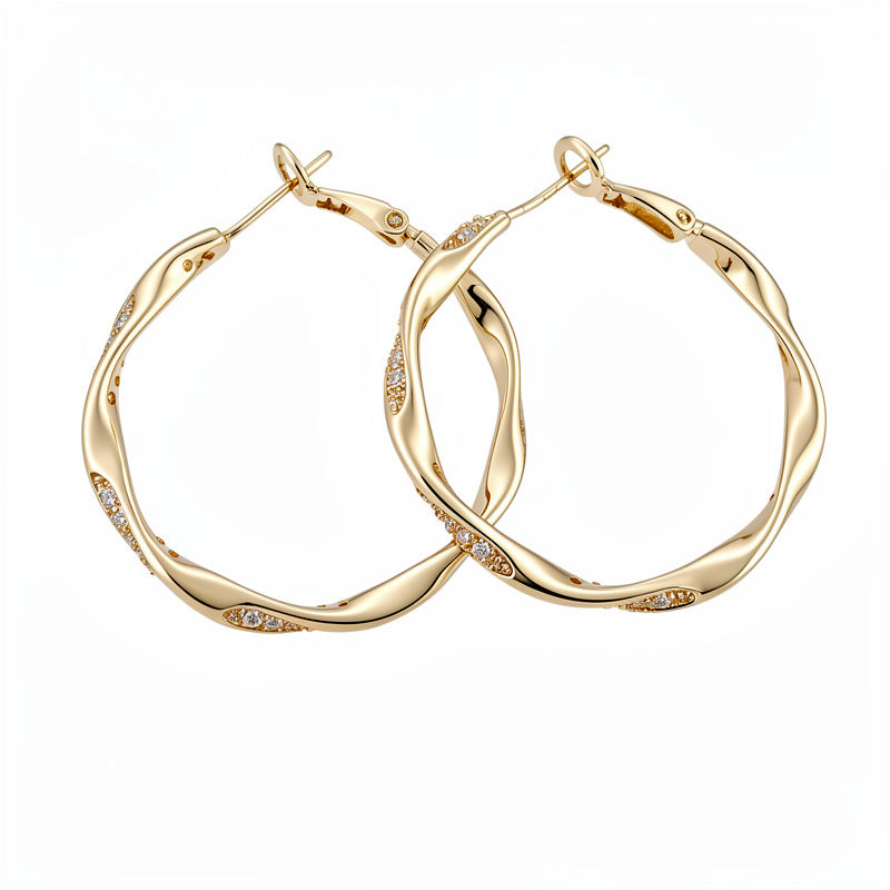 Gold Electroplated Sier Needle Inlaid Zircon Twisted Round Light Luxury Stud Earrings