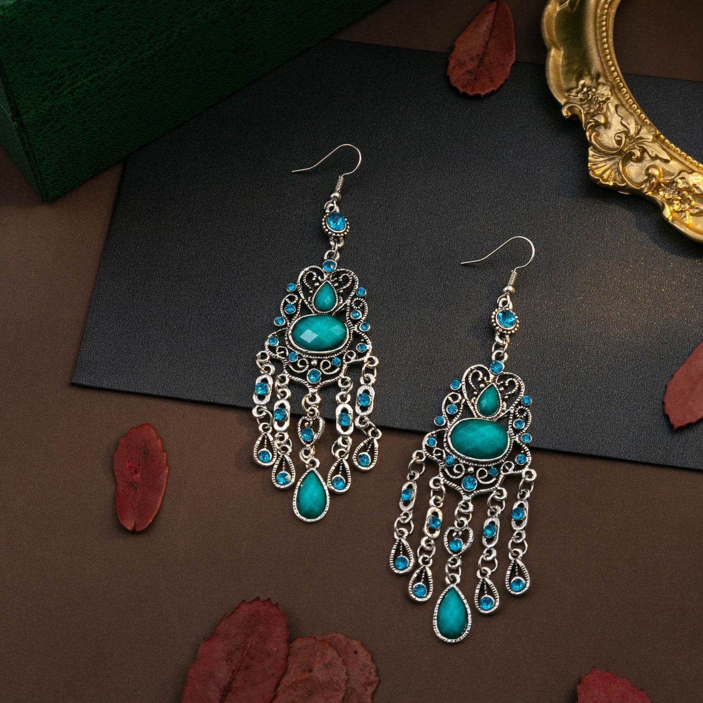 Turquoise Bohemian Palm Owl Bronze Carved Geometric Feather Earrings