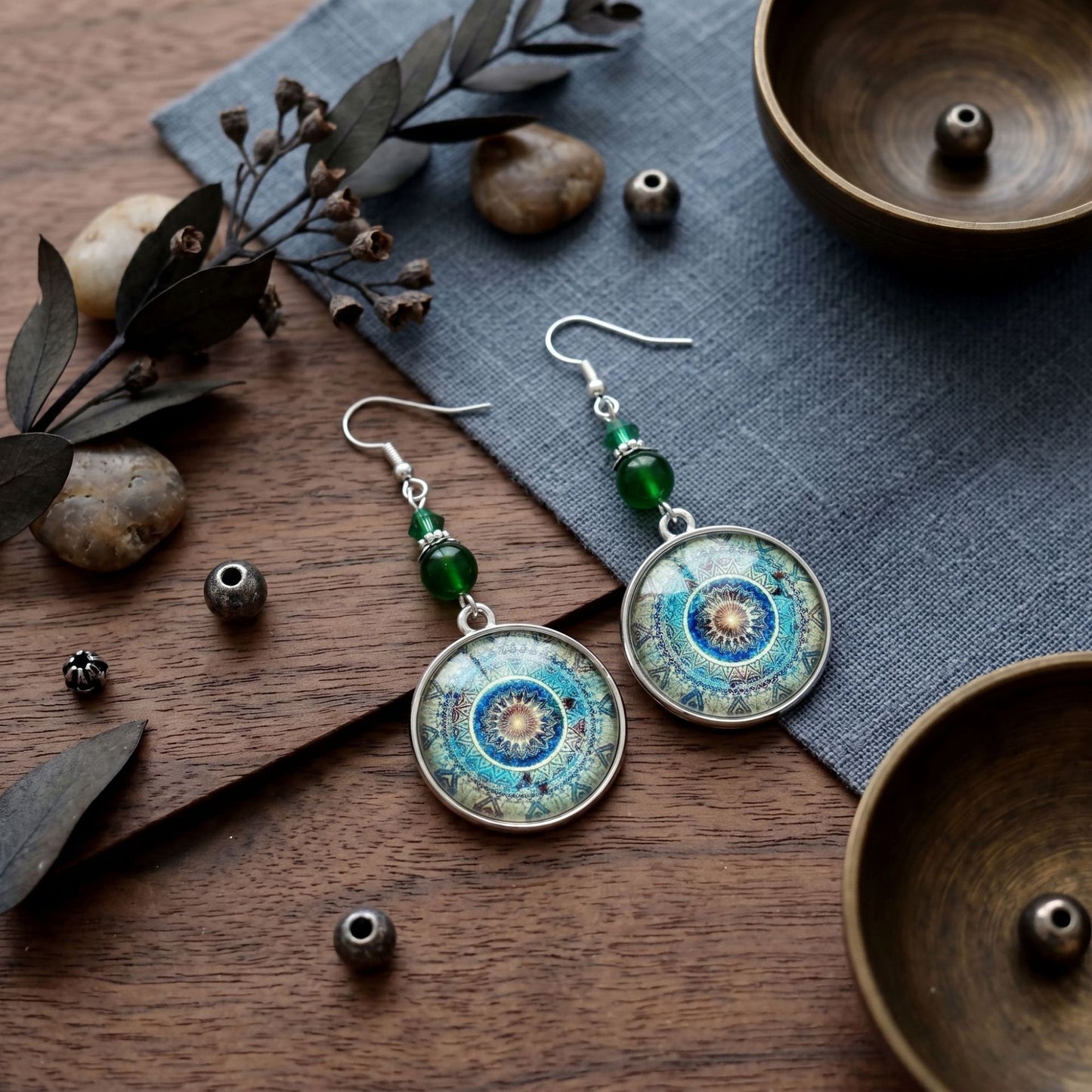 Turquoise Bohemian Palm Owl Bronze Carved Geometric Feather Earrings