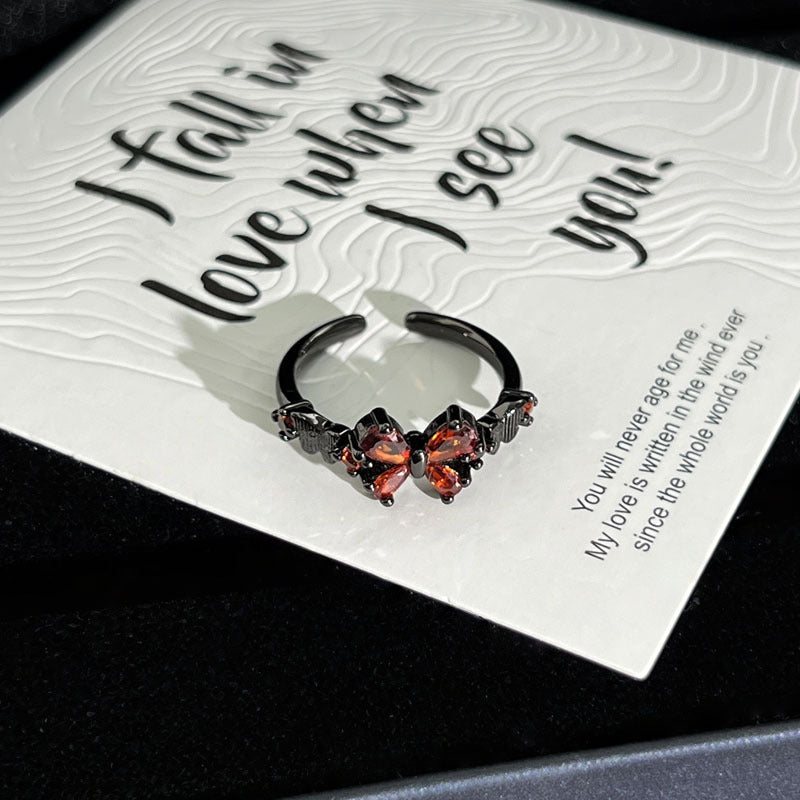 Trendy Cool Full Diamond Dark Style Cross Red Maple Leaf Ring