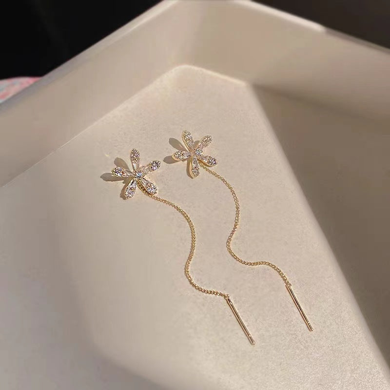 Women's Unique Crystal Flowers Long Fringe High-grade Temperament Ear Chain Red Stud Earrings