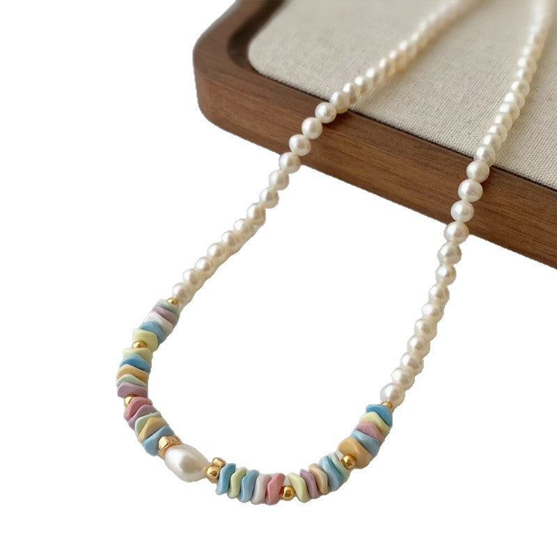 Women's Rainbow Stone Dopamine Pearl Light Luxury Minority Clavicle Chain Necklace