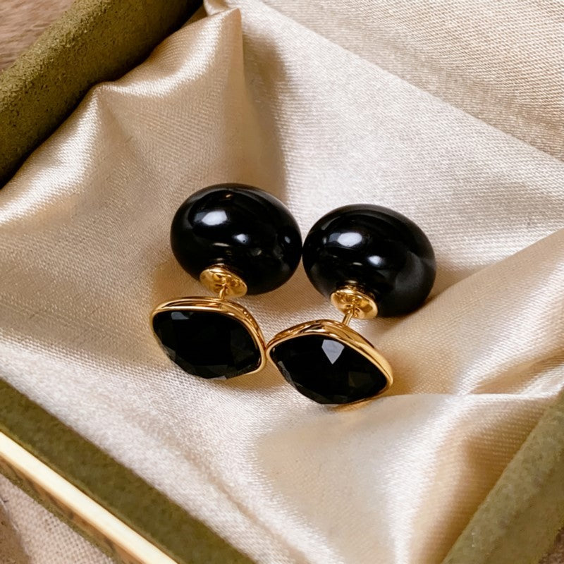 Style Double-sided Champagne Square Diamond Pearl Stud Earrings
