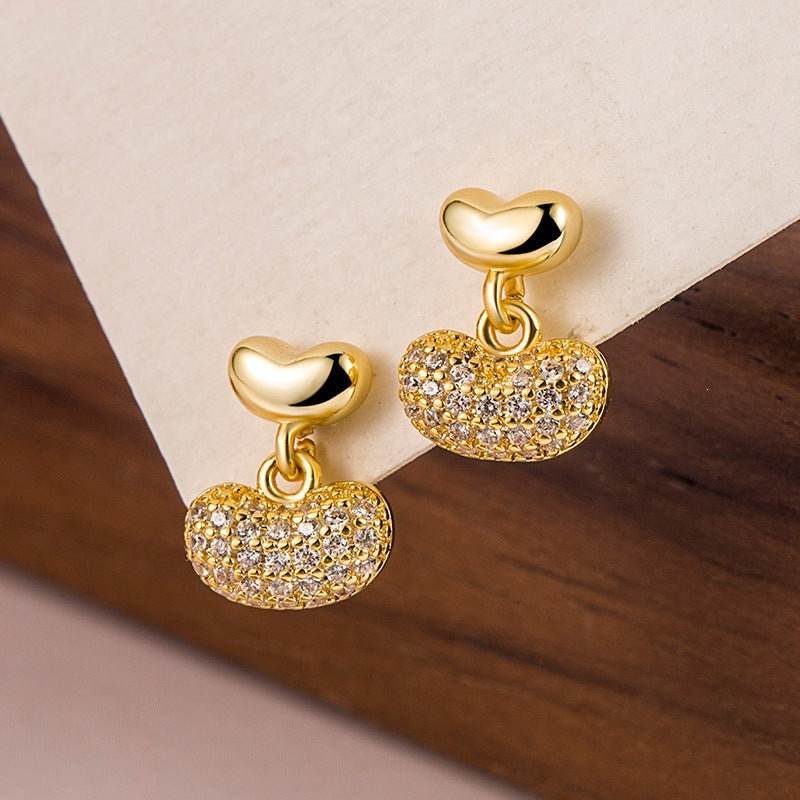 Women's Bowl Bean Exquisite Small High Sense Loving Heart Zircon Eardrops Stud Earrings