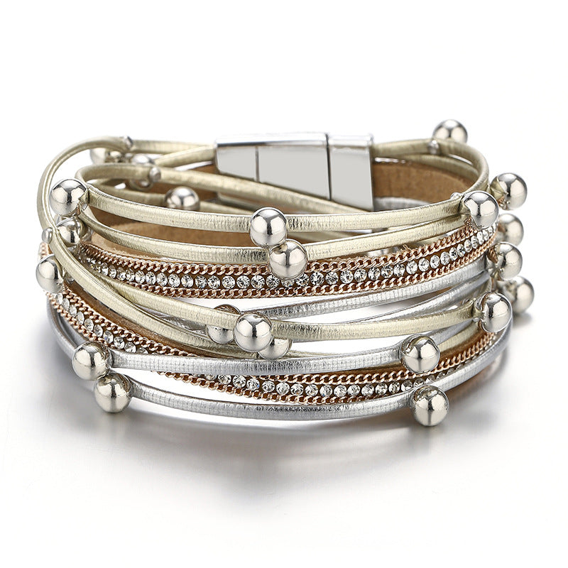 Women's Leather Fashion Diamond Leopard Print Magnetic Bracelets