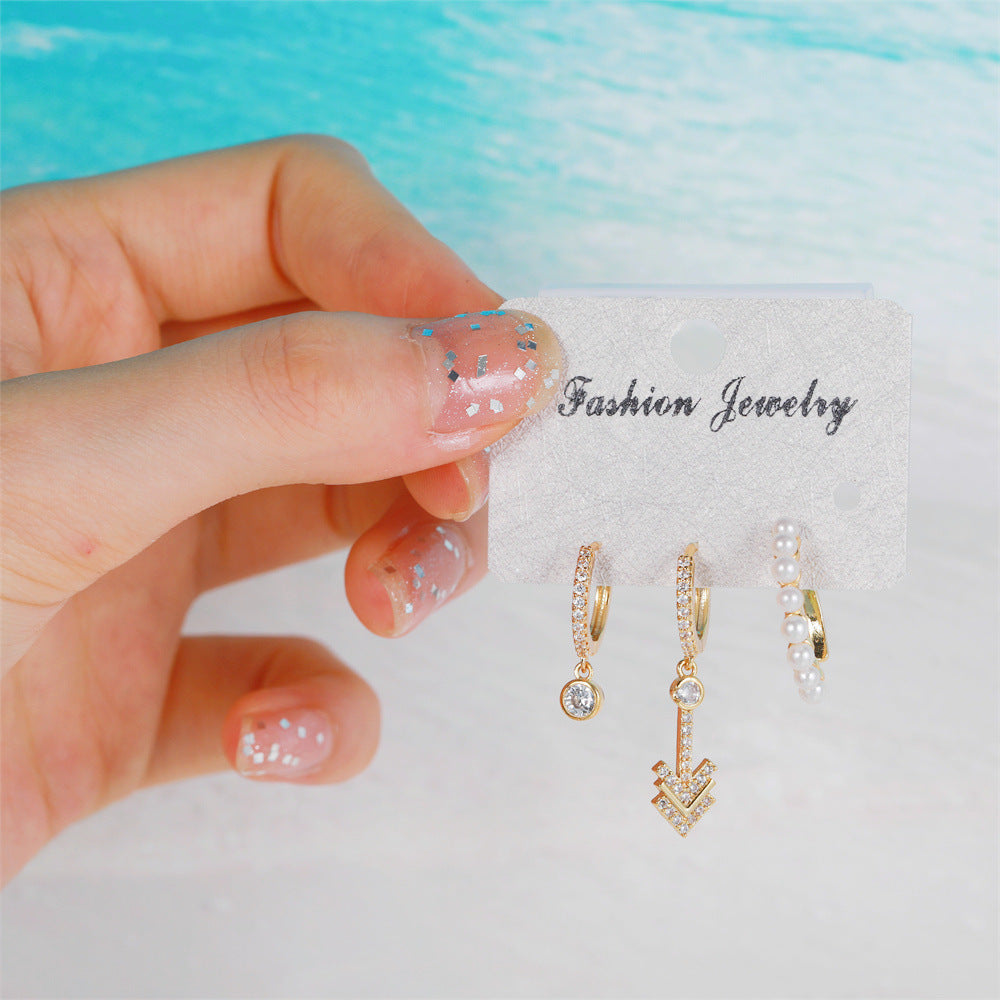 Stylish Fashion Trend Gold Zircon Three-piece Earrings