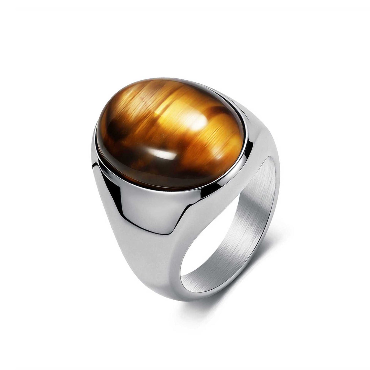 Simple Glossy Titanium Steel Mosaic Oval Tigereye Niche High Sense Rings