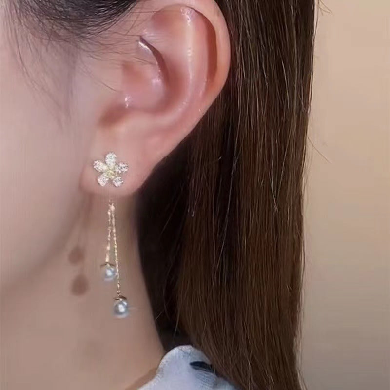 For Pearl Flower Inlaid Zircon Tassel Design Rings