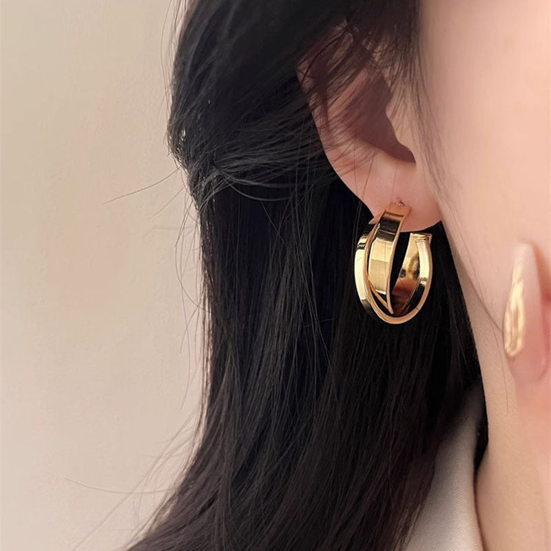 Women's French Style Metal Elegant High-grade Sier Pin Ear Slim Round Earrings