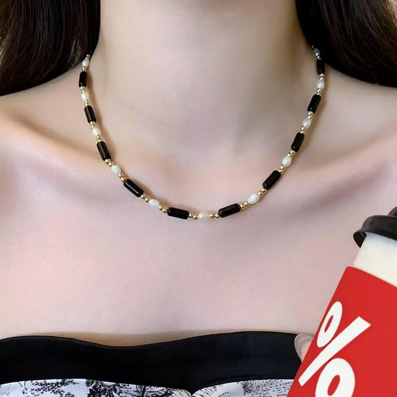 Women's Grain Imitation Pearl Long Black Crystal Light Luxury Cold Style Necklace