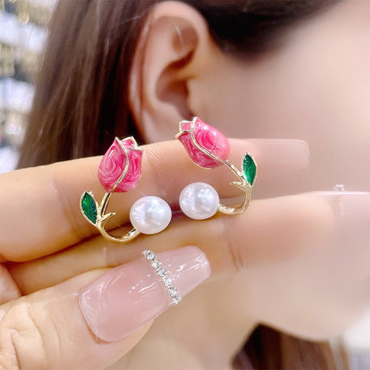 Pink Tulip Pearl Special Interest Light Luxury Design Eardrops Sweet Stud Earrings