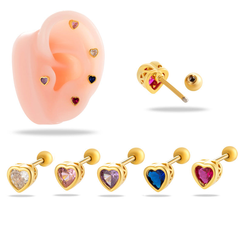 Loving Heart Zircon Ear Bone Pin Titanium Steel Screw Stud Earrings