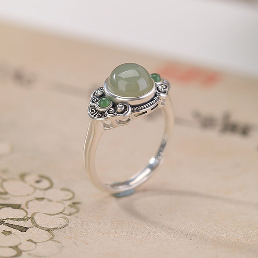 Women's Natural Jade Thai Sier Sunny Water Jasper Round Return Pattern Rings