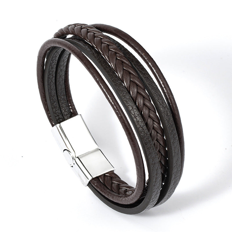 Men's Woven Alloy Magnetic Buckle Leather Rope Bracelets