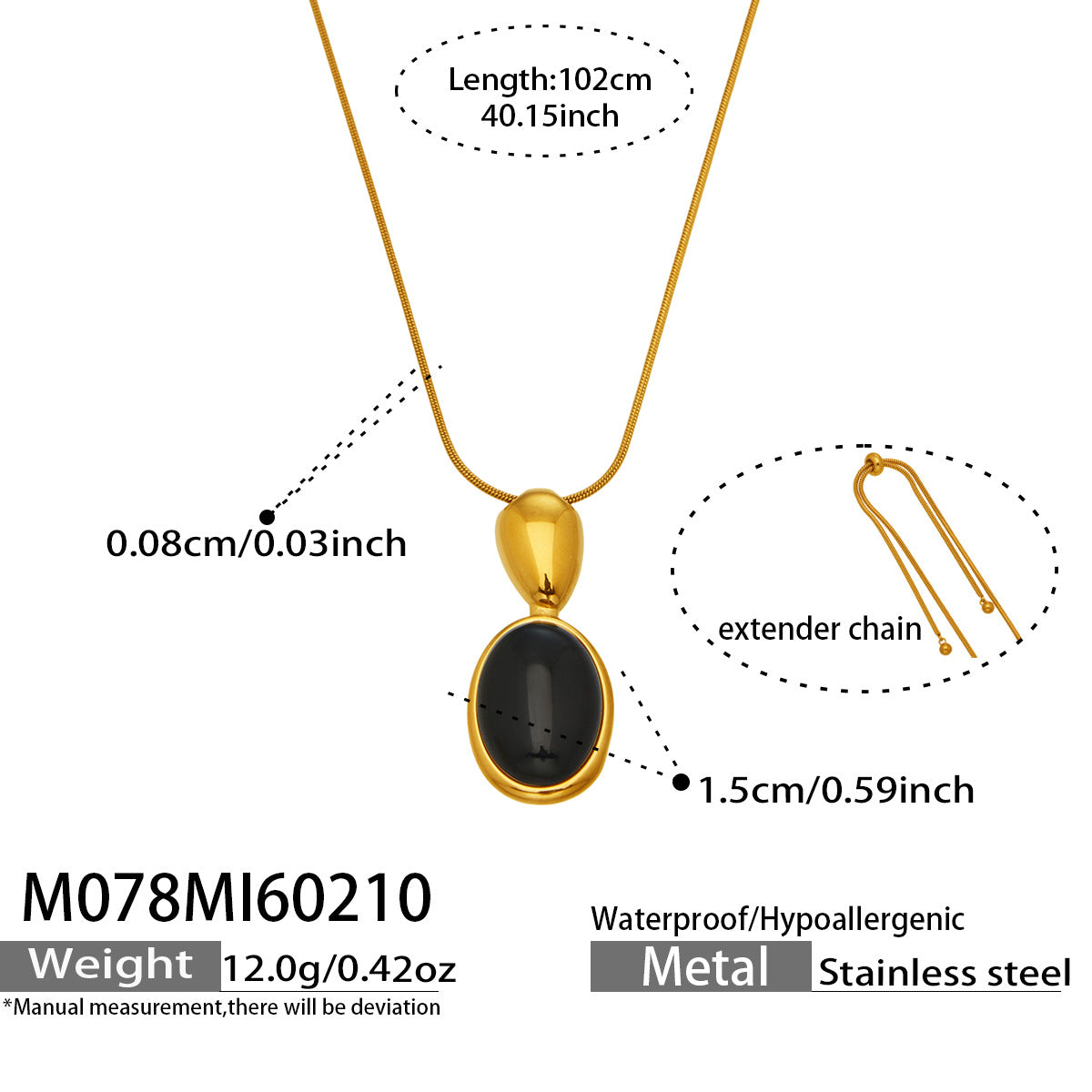 French Retro Oval Tigereye Black Agate Stone Stainless Steel Necklace