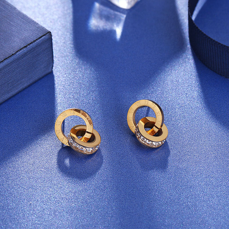 Roman Diamond Creative Rose Gold Titanium Steel Female Double Stud Earrings