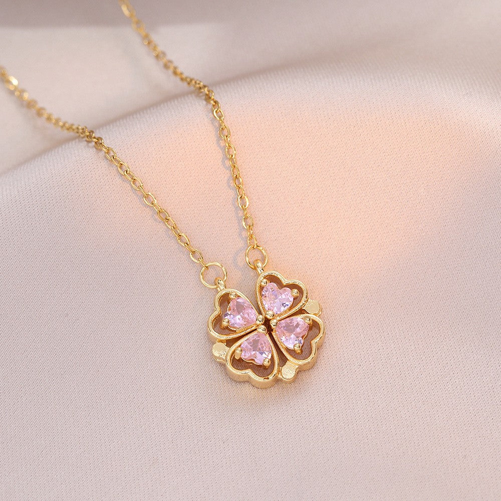 Women's Steel Cross Chain Open Close Four-leaf Flower Necklace