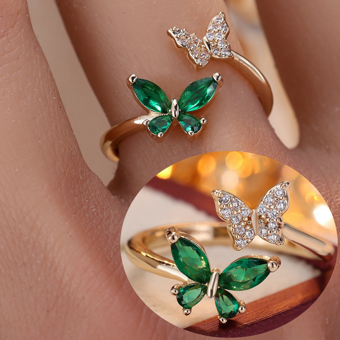 Inlaid Zirconium Double Butterfly Open Light Luxury Minority Design Fashion Rings