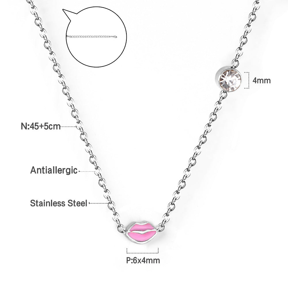 Women's Dripping Red Lip With Round Diamond Clavicle Chain Necklace