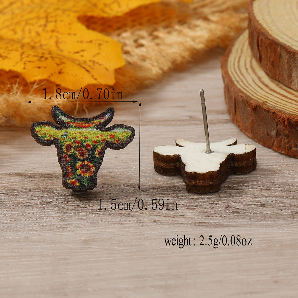 Head Wooden Simple Fashion Personality Cows Pattern Hat Leopard Earrings