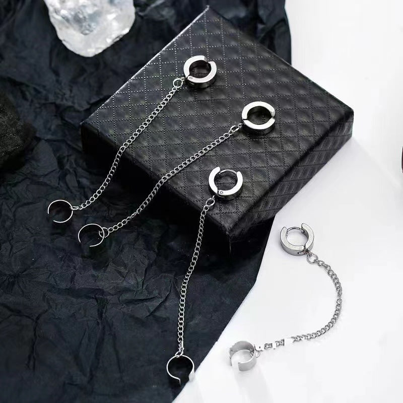 Women's Cold Style Titanium Steel Chain Ear Clip Long Stud Earrings