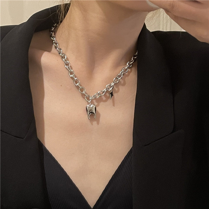 Hop Stainless Steel Titanium Thick Chain Fun Teeth Shape Necklace