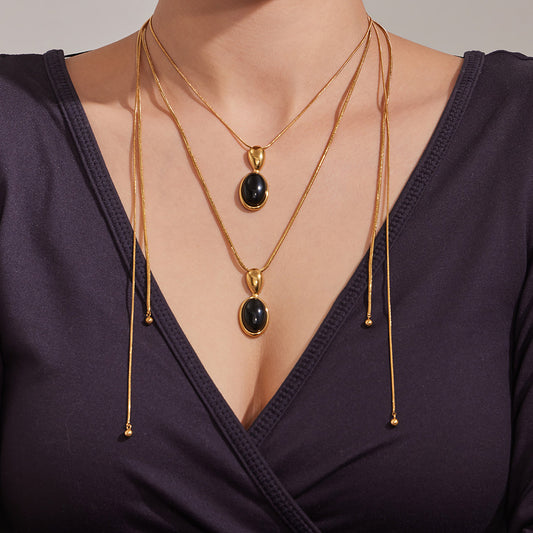 French Retro Oval Tigereye Black Agate Stone Stainless Steel Necklace