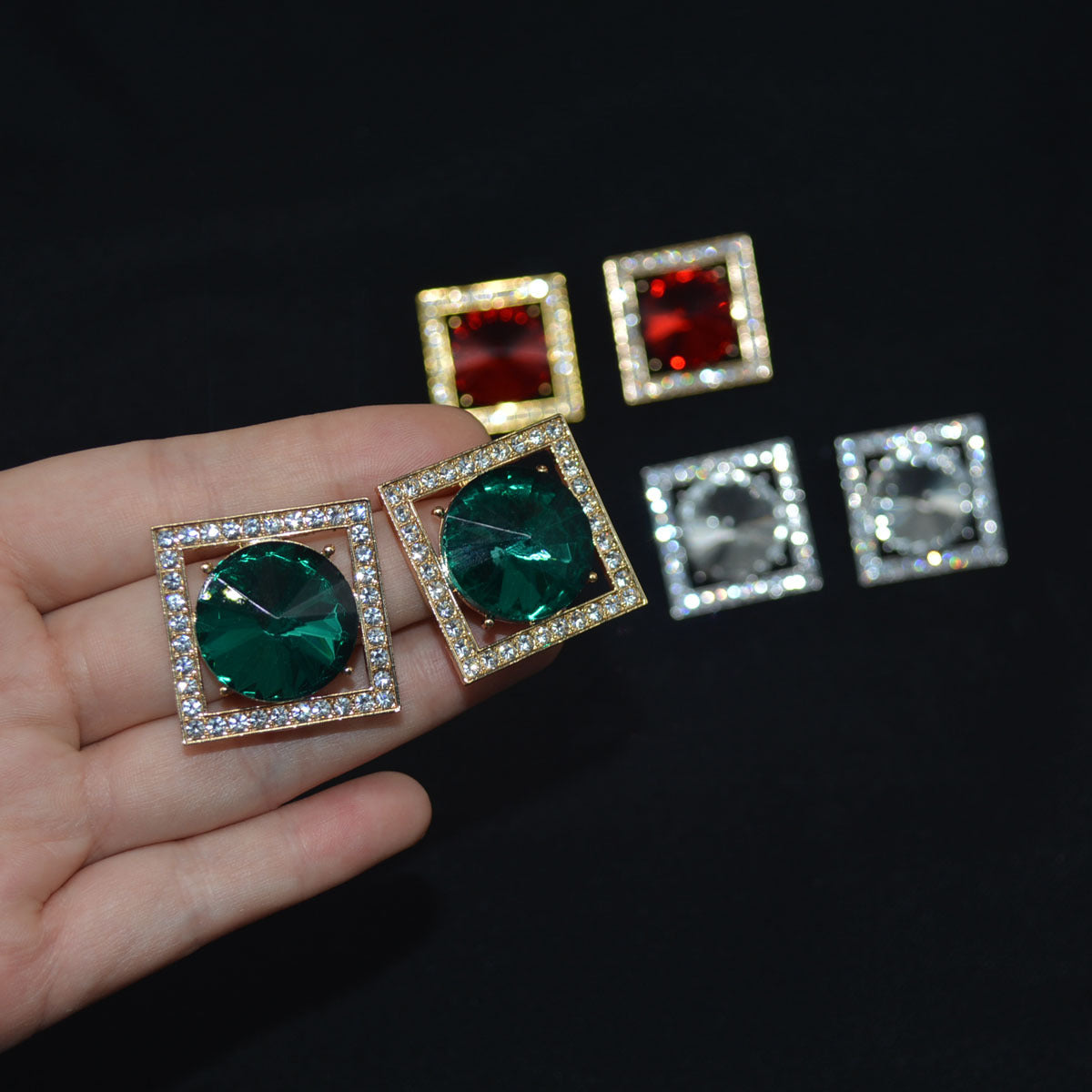 Sier Needle Geometric Square Rhinestone Fashion Eye-catching Large Niche Earrings