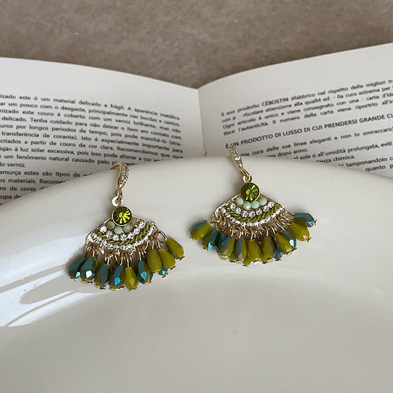 Fan-shaped Crystal Tassel Ear Hook Female Niche Design Earrings
