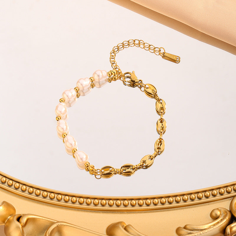 Women's Super Flash Pig Nose Pearl Titanium Steel Bracelet