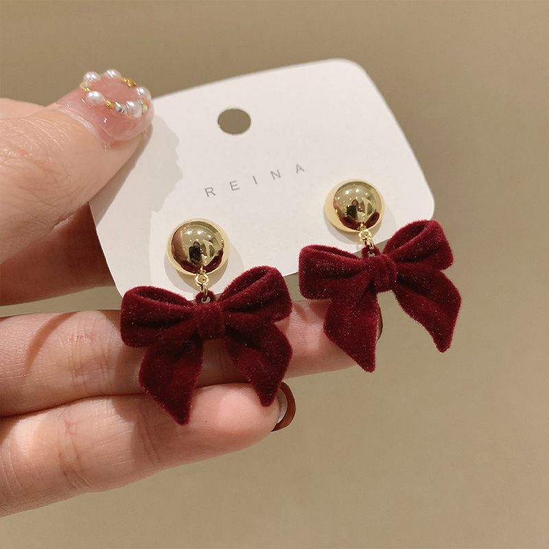 Bow Tassel Pearl Female Fairy Red Earrings