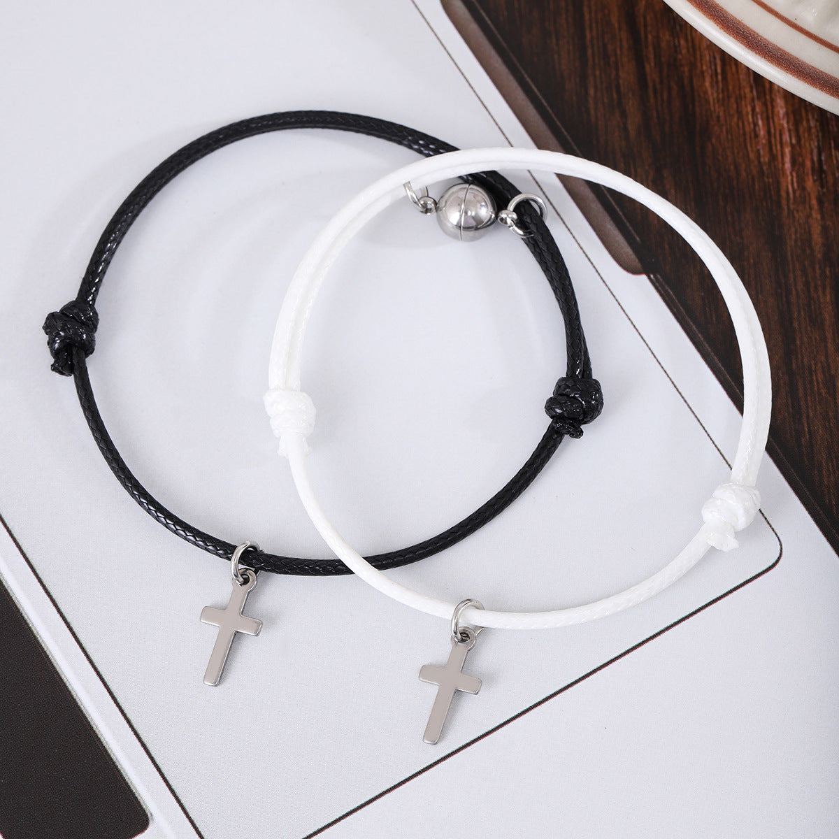Women's & Men's Cross Shelf Round Magnet Wax Rope Couple Pair Bracelets