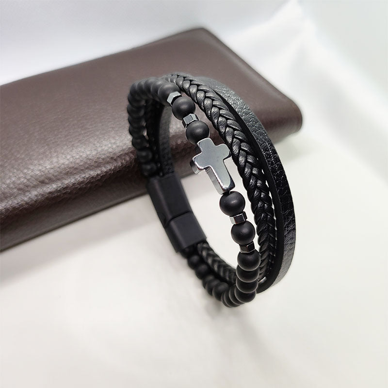 Cross Hematite Personalized Fashion Woven Leather Tigereye Frosted Bracelets