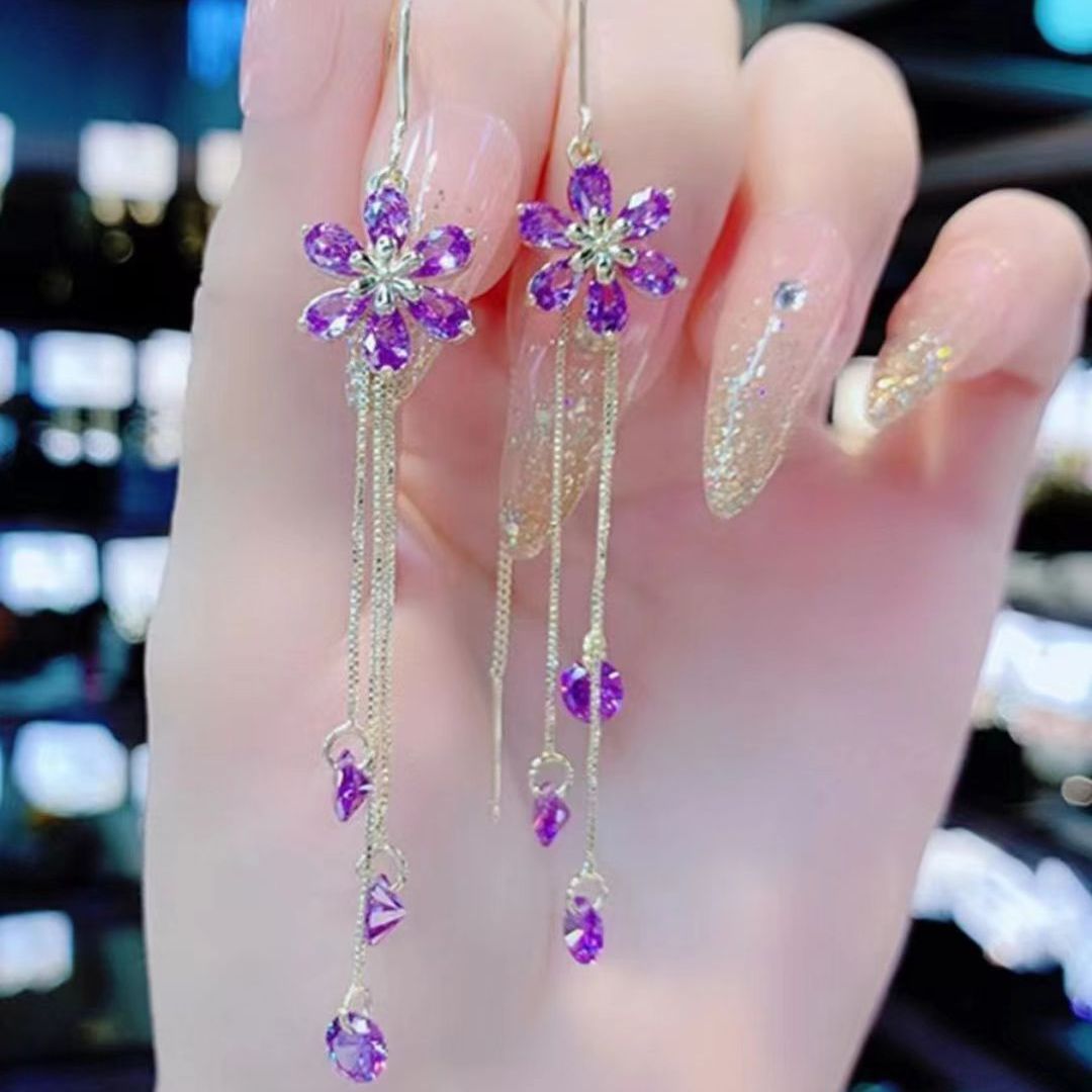 Purple High-grade Flower Trendy Temperamental Long Eardrops Niche Ear Line