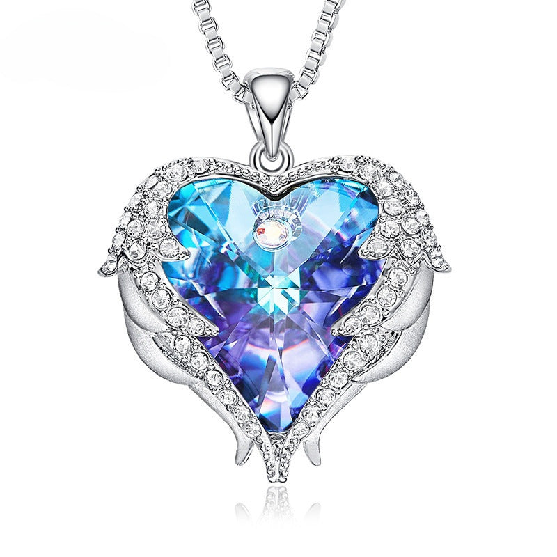 Ocean Heart Female Angel Wings Crystal Necklace