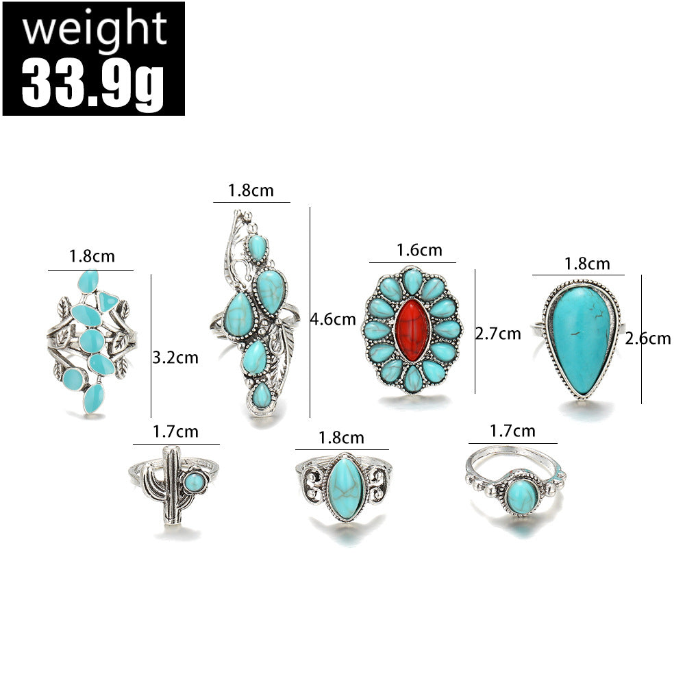 Vintage Bohemian Drop-shaped Carved Red With Hollow Design Turquoise Rings