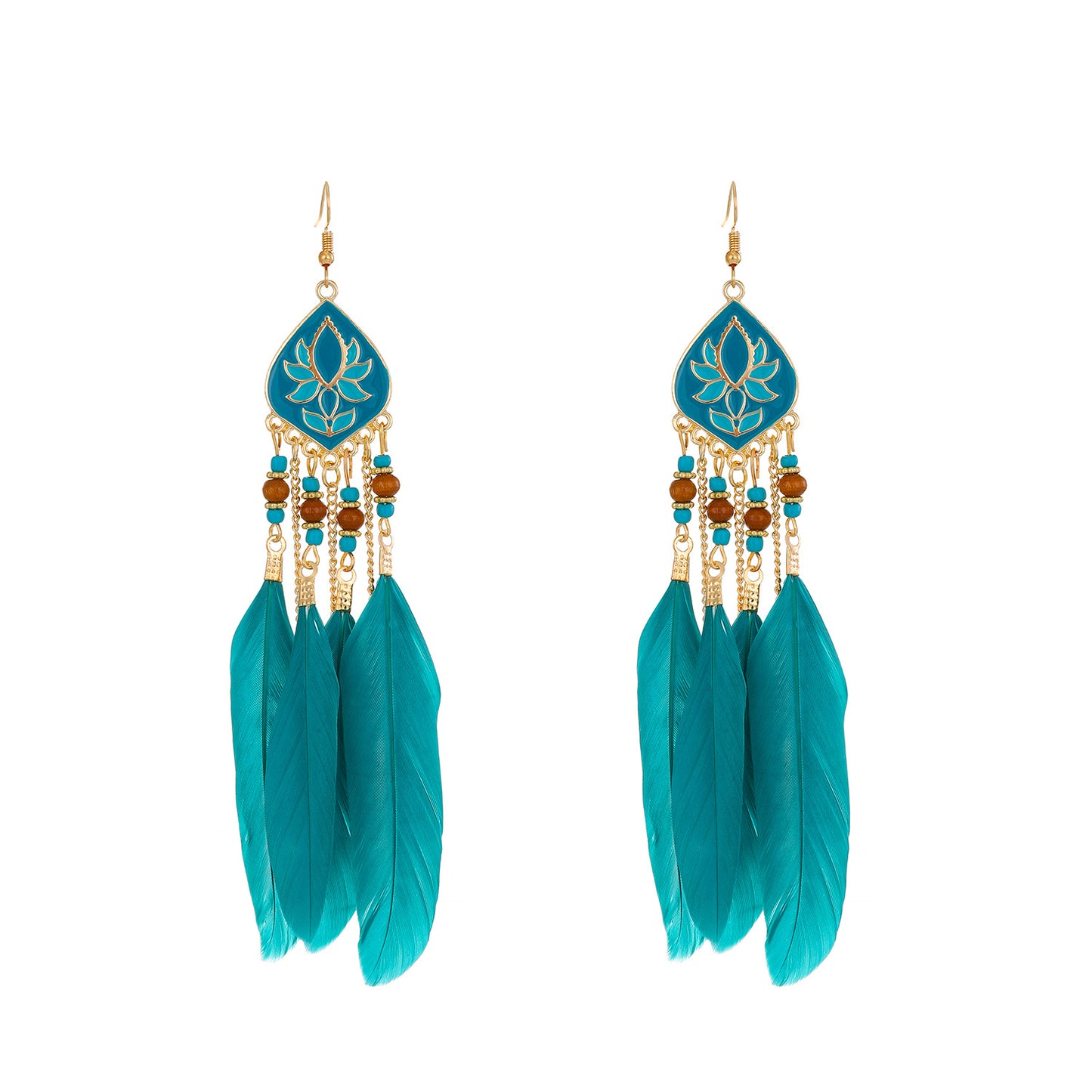 Semicircle Feather Popular Long Bead Chain Tassel Ethnic Rings