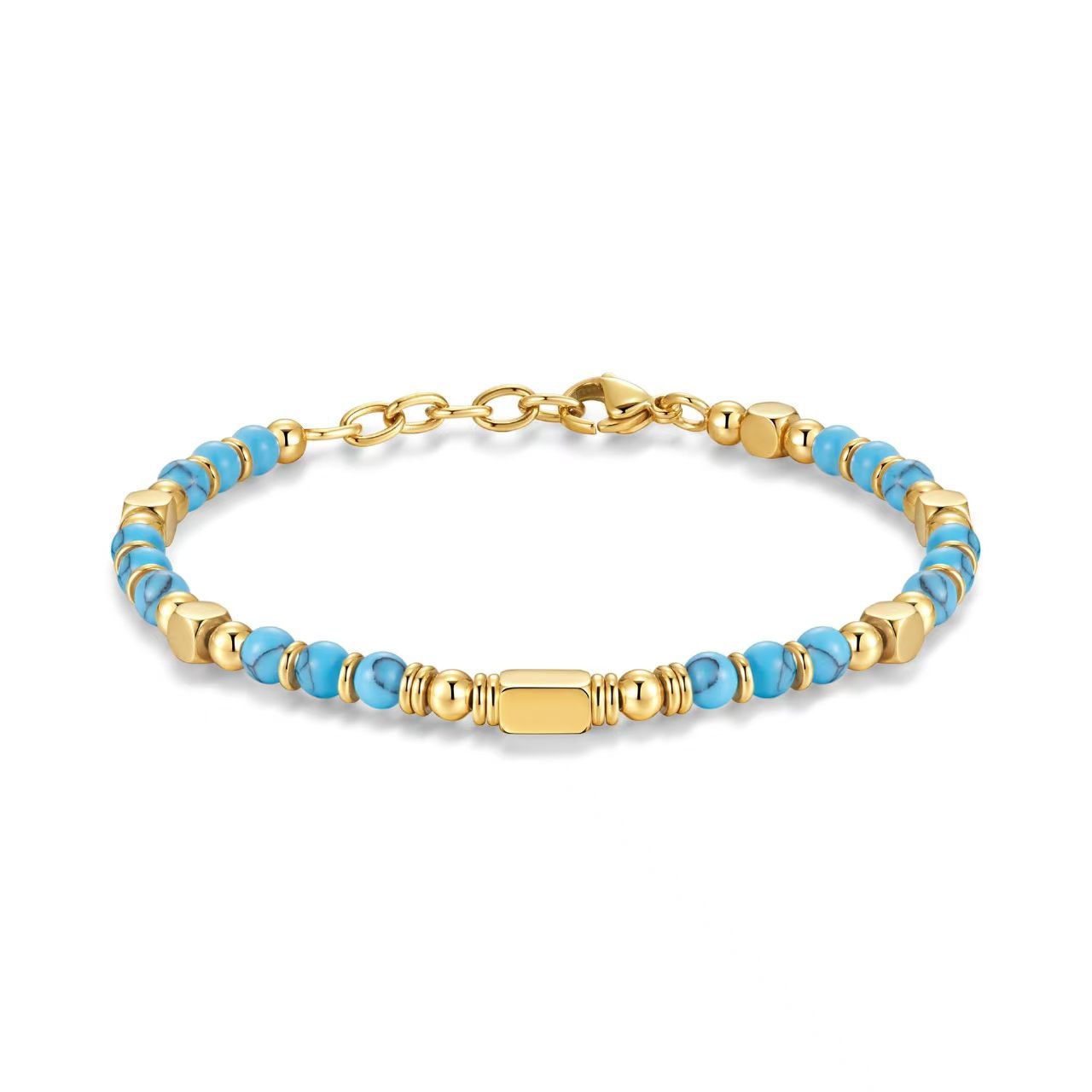 Natural Stone Stainless Steel Black Frosted Golden Balls Beaded Adjustable Bracelet